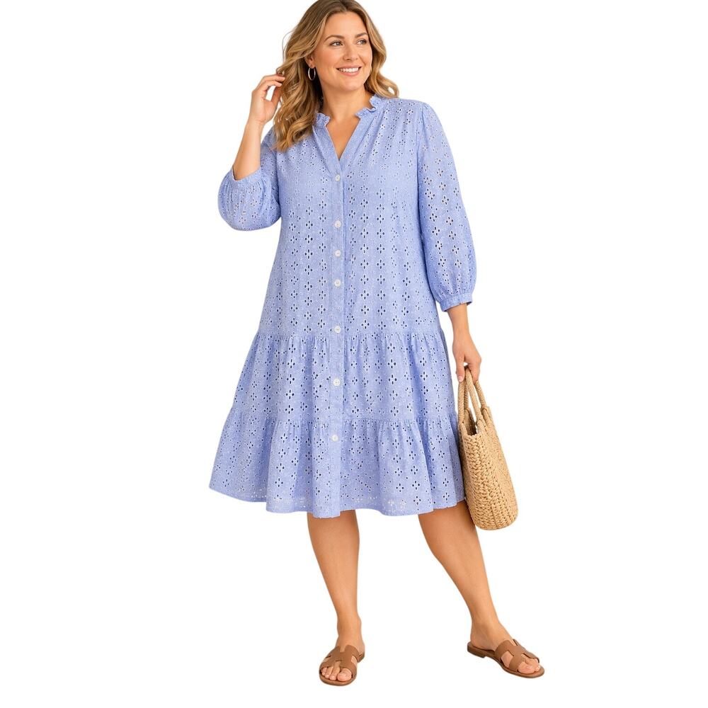 Tommy Hilfiger Cotton Blue Eyelet Tiered Shirt Dress, Cottagecore, Size 14